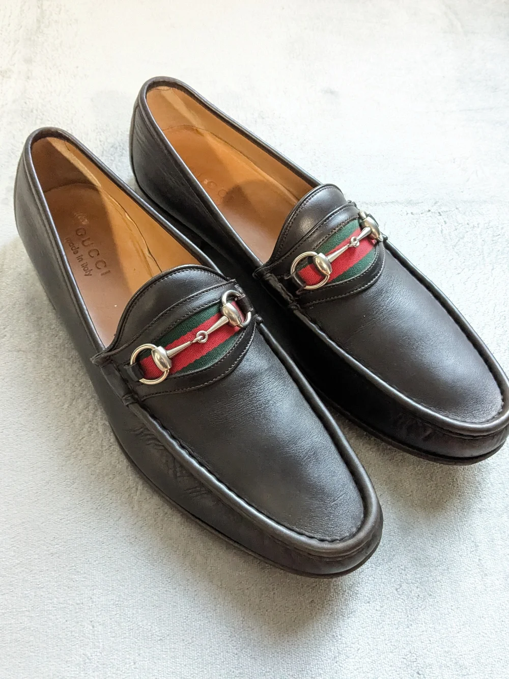 Gucci Men’s Brown Leather Horsebit Loafers with Signature Web US 12